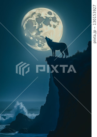 Silhouette of lone wolf howling at full moon on coastal cliff. AI generation Silhouette of lone wolf howling at full moon on coastal cliff. AI generation 130153927