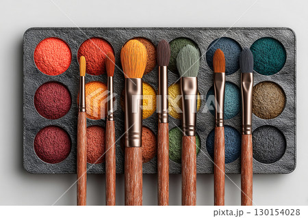 Perfect for product advertisements. Flat lay of makeup brush placed next to a color palette on white background. 130154028