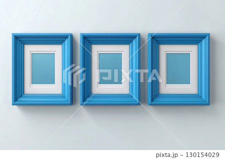 Cozy decor. Empty blue photo frame for a collage of three photos in a minimalist style on a white background. Cozy decor. Empty blue photo frame for a collage of three photos in a minimalist style on a white background. 130154029