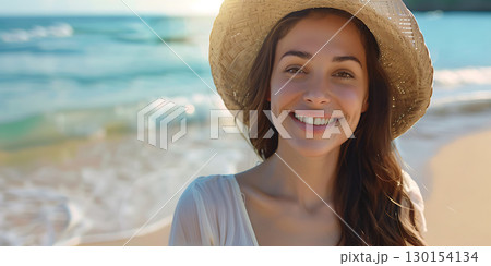 Happy beautiful young woman smiling at the beach side background, World Tourism Day - Ai Generated 130154134