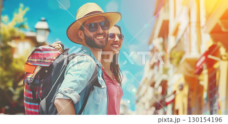 Happy tourist couple on a sightseeing tour enjoys the panoramic view of the skyline background,, World Tourism Day - Ai Generated Happy tourist couple on a sightseeing tour enjoys the panoramic view of the skyline background,, World Tourism Day - Ai Generated 130154196