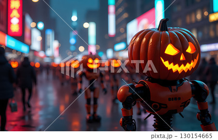 Robots with pumpkin heads lining street 130154665