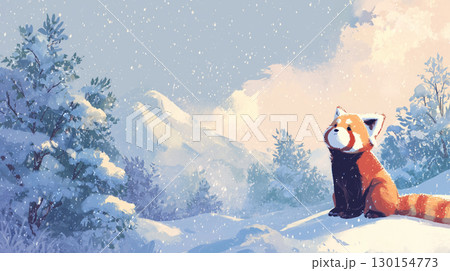 雪景色とレッサーパンダ 130154773