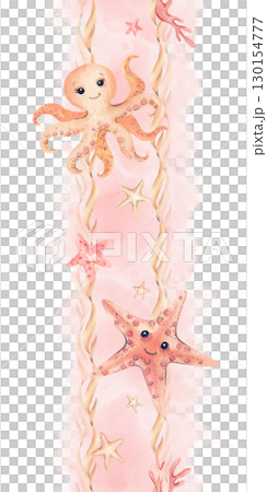 Watercolor seamless border starfish, octopus children aquatic animals. Stars, abstract seaweed lines. Illustration isolated background. Coral orange beige kids sea style interior sticker, stationery. Watercolor seamless border starfish, octopus children aquatic animals. Stars, abstract seaweed lines. Illustration isolated background. Coral orange beige kids sea style interior sticker, stationery. 130154777