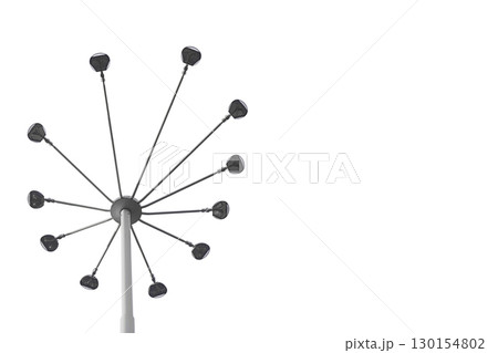 Street lamp post with eleven lanterns stretched on tubes in shape of flower or inflorescence in a basket, isolated on a white background, empty copy space for text. Lighting equipment blank, template 130154802