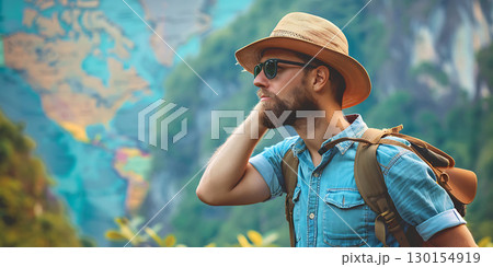Thoughtful male tourist looking away searching route for destination background, World Tourism Day - Ai Generated 130154919