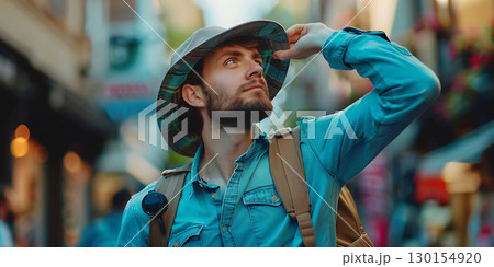 Thoughtful male tourist looking away searching route for destination background, World Tourism Day - Ai Generated 130154920