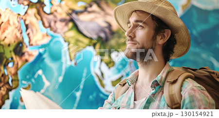 Thoughtful male tourist looking away searching route for destination background, World Tourism Day - Ai Generated Thoughtful male tourist looking away searching route for destination background, World Tourism Day - Ai Generated 130154921