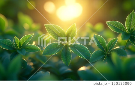 Sunlit Green Leaves with Detailed Veins and Golden Edges in a Lu Sunlit Green Leaves with Detailed Veins and Golden Edges in a Lu 130155090