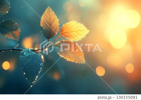 Dew-Kissed Leaves Illuminated by Golden Light with Bokeh Effect Dew-Kissed Leaves Illuminated by Golden Light with Bokeh Effect 130155091