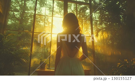Backlit Woman in White Dress Gazing Through Greenhouse Window at 130155127