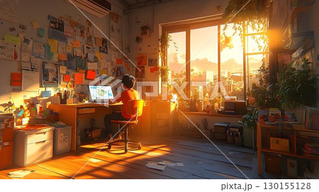 Sun-Drenched Study: Boy at Laptop with Cityscape View and Clutte 130155128
