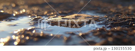Golden Hour Puddle Reflection Abstract Nature Photography Scenic Tranquil Serene Peaceful Water Ice 130155530