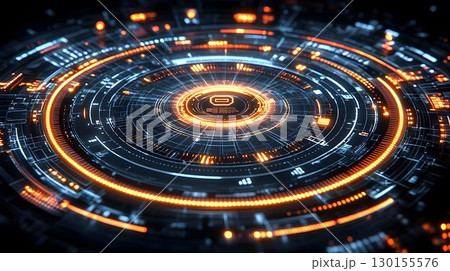 Glowing Circular Tech Interface with Orange Accents and Intricat 130155576