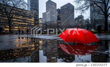 Vivid Red Umbrella Reflecting in City Puddle Amidst Rainy Evenin Vivid Red Umbrella Reflecting in City Puddle Amidst Rainy Evenin 130155577