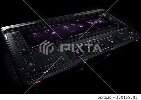 Futuristic black console with glowing purple accents and intrica 130155583