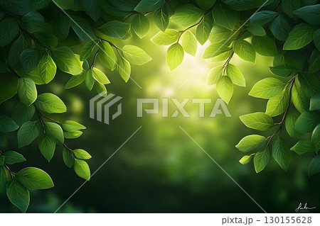 Sunlit Canopy: Lush Green Leaves Framing a Soft, Dreamy Forest G 130155628