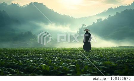 Contemplative figure in expansive tea field amidst misty mountain landscape 130155679