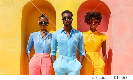 Vibrant trio of models showcasing colorful attire against an arched backdrop 130155680