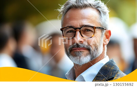 Confident silver-haired man with tortoiseshell glasses amidst social setting 130155692