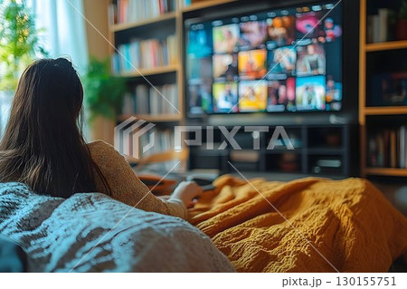 Woman enjoying media content streaming services in a cozy living room 130155751