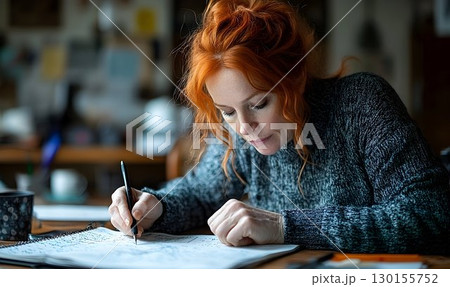 Woman with ginger hair engrossed in sketching in her creative workspace 130155752