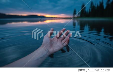 Hand submerged in calm lake water at sunset with ripples and distant forest 130155766