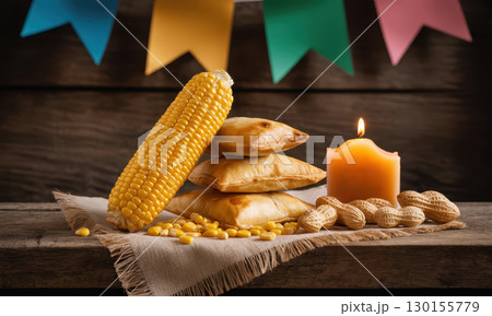 Festive brazilian festa junina still life with corn, pastries, peanuts, and a warm candle 130155779