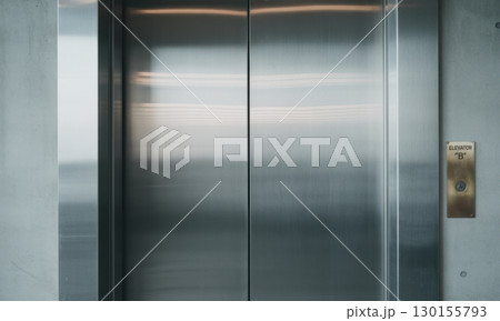 Brushed stainless steel elevator doors with call button in a modern building interior 130155793