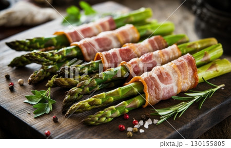 Delicious bacon wrapped asparagus spears on a rustic wooden board with herbs and spices 130155805