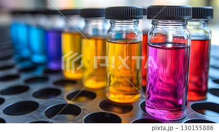 Assorted vibrant liquids in glass vials arranged on a laboratory tray 130155886