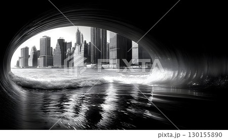 Monochrome Urban Vista Encapsulated by a Dynamic Aquatic Wave Formation Monochrome Urban Vista Encapsulated by a Dynamic Aquatic Wave Formation 130155890