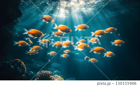 Enchanting shoal of vibrant fish illuminated by sunbeams underwater beauty 130155906