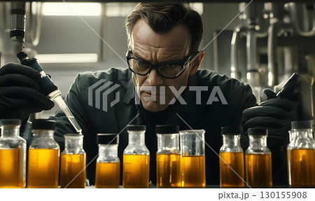 Focused researcher conducting scientific experiment with lab glassware and liquids 130155908