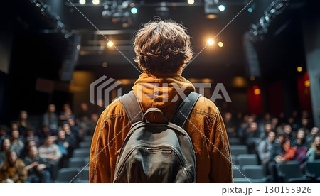 Young student stands before auditorium audience anticipating his presentation 130155926