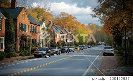 Autumn serenity: A picturesque street with cars parked beneath vibrant foliage 130155927