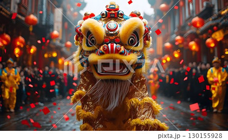 Celebratory atmosphere featuring traditional lion dance performance in street 130155928