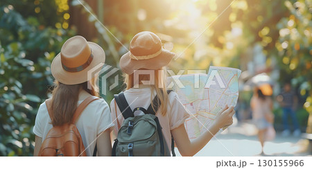 Two female tourists hold a map to find place background, World Tourism Day - Ai Generated 130155966