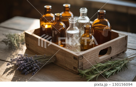 Rustic display of amber and clear glass bottles with lavender and rosemary on wooden table 130156094