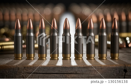 Seven rifle bullets with dark grey casings and copper tips aligned on a wooden surface 130156138