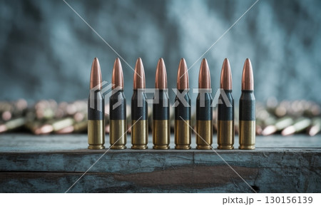 Precise line of seven rifle bullets displayed on a textured wooden table 130156139