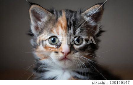 Extreme close up of a forlorn calico kitten face with large green eyes and a tear 130156147
