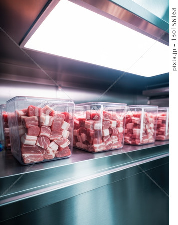 Diced raw pork meat in transparent containers on stainless steel shelf in commercial kitchen 130156168