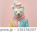 Bear in Colorful Elegant Suit with Hat on a Pastel Pink Backgroun 130156207