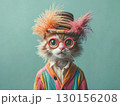 Stylish Cat in Colorful Outfit Wearing Glasses and Trendy Hat 130156208