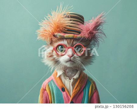 Stylish Cat in Colorful Outfit Wearing Glasses and Trendy Hat 130156208
