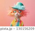 Stylish Cat in Colorful Outfit Wearing Glasses and Trendy Hat 130156209