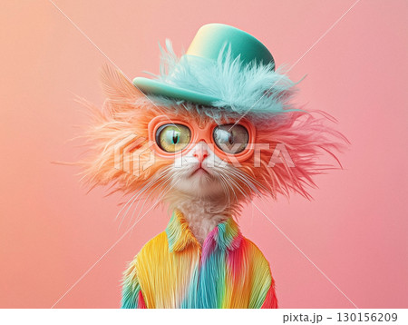 Stylish Cat in Colorful Outfit Wearing Glasses and Trendy Hat 130156209