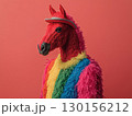Colorful Horse in Stylish Rainbow Outfit and Sunglasses on Pink Background 130156212