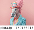 Creative Portrait of a Pink and Rainbow Clad Horse on Soft Background 130156213